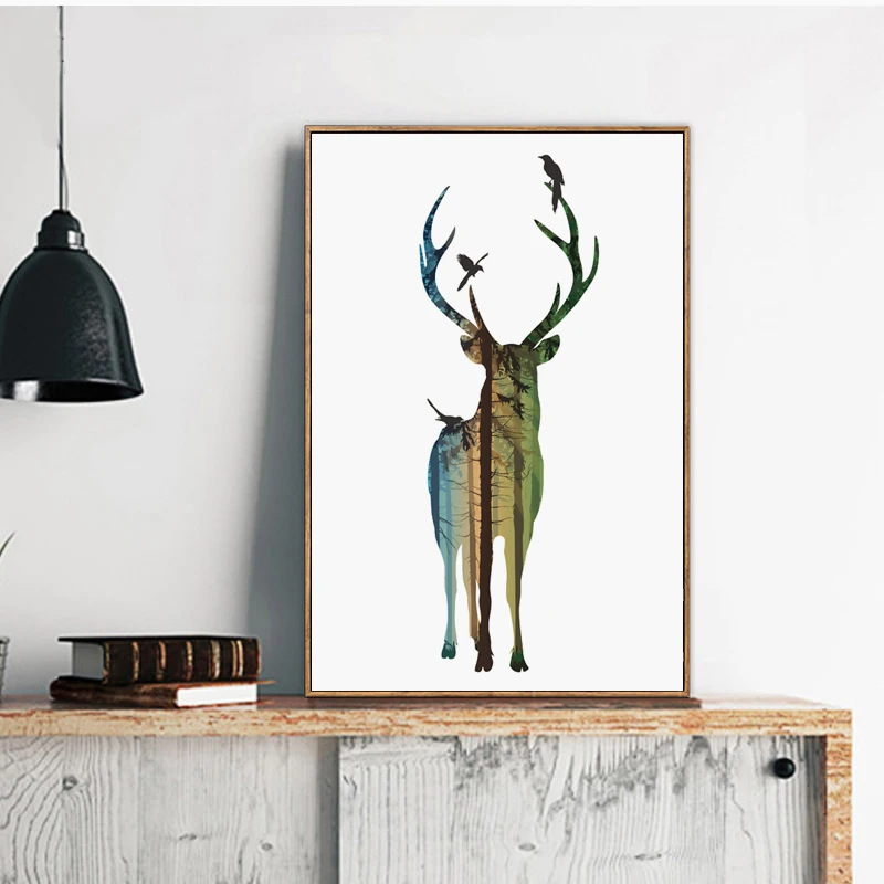 

Silhouette of Deer with Pine Forest Canvas Art Print Painting Poster, Wall Picture for Home Decoration, Home Decor