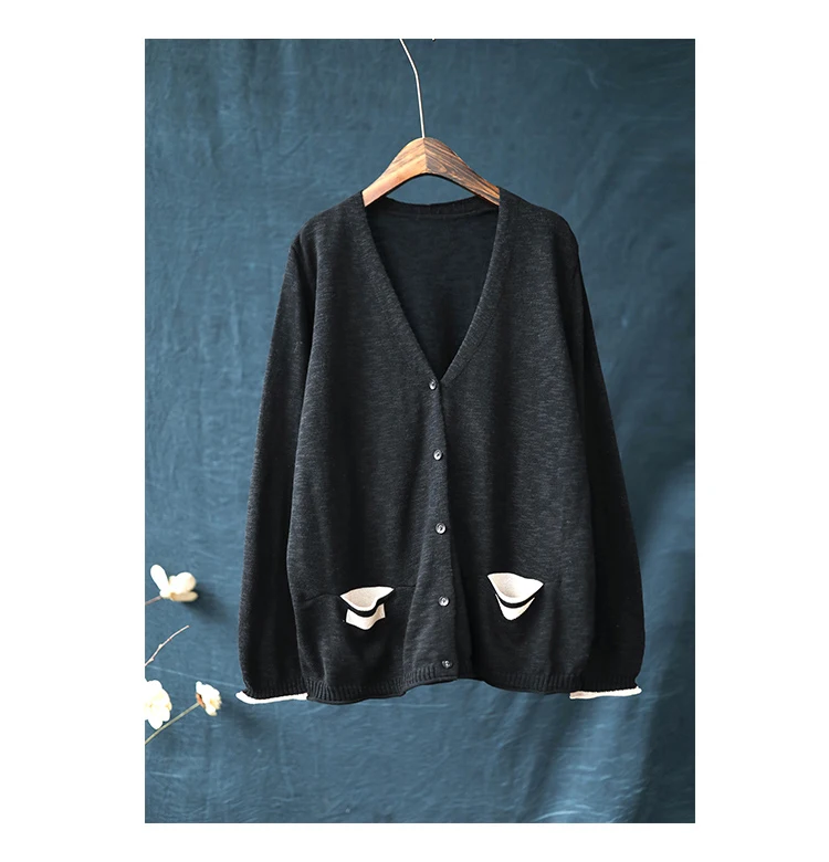 Johnature, осенний свитер, новые женские пальто, вязаные кардиганы с карманами, v-образный вырез, длинный рукав, повседневный Однотонный свитер, 7 цветов