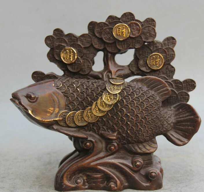 

JP S0522 9" Chinese Bronze Gild Folk Wealth Money tree Fish barracuda Statue sculpture