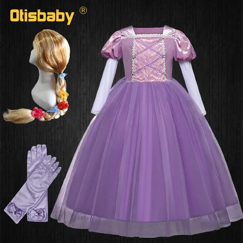 Детские платья принцессы Софии, Рапунцель для девочек; бальное платье; Длинные вечерние платья; одежда для детей; Детский карнавальный костюм; маскарадный парик - Цвет: G