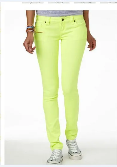 neon yellow green skinny jeans pencil pants women's high elastic skinny ...