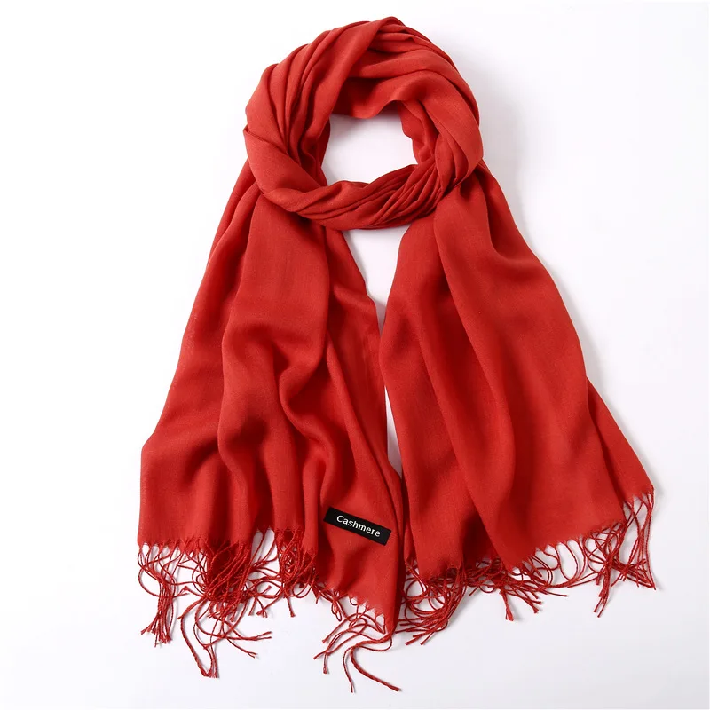 Классические однотонные зимние шарфы, женские модные тонкие шарфы с кисточками, Длинный мягкий шарф из пашмины, высококачественные шали, хиджаб - Цвет: 120g zhuan hong