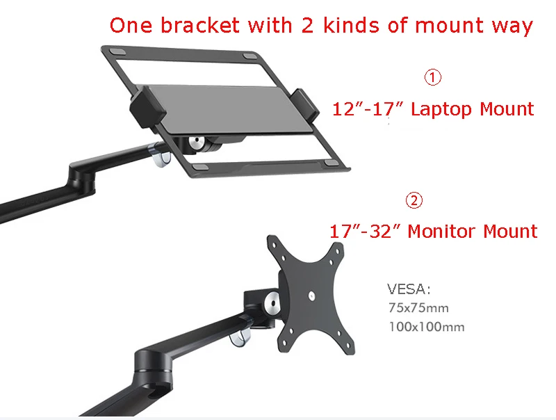 OZ-1S алюминиевый 2 в 1 крепление 12-17 дюймов держатель для ноутбука+ 17-32 дюймов держатель для монитора газовая стойка кронштейн настольная подставка нагрузка 8 кг