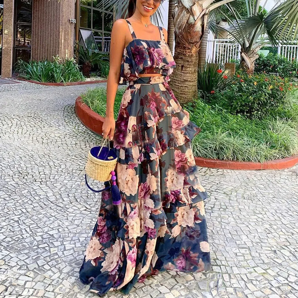 

vintage Floral Women Chiffon Clothing Sets Sexy Women Bohemia Floral Print Top Long Skirt Beach Two-Piece Outfit