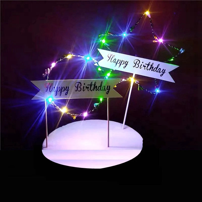 Светодиодный письмо с днем рождения торт Топпер звезды цветок электронный свет гирлянды венок День рождения Свадебный торт флаг