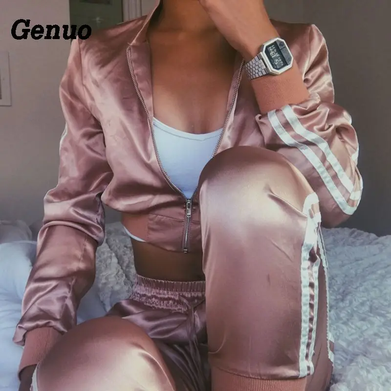 

2019 Autumn Winter Satin Sets Women Zipper Side Stripe Crop Tops Drawstring Calf Length Pants Sexy Workout Tracksuits