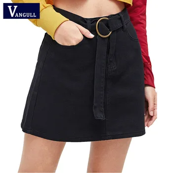 

Vangull Summer Women Jeans Skirt A-Line Belt Casual Harajuku 2019 New Denim Jupe Mujer College Wind High Waist Black Skirts