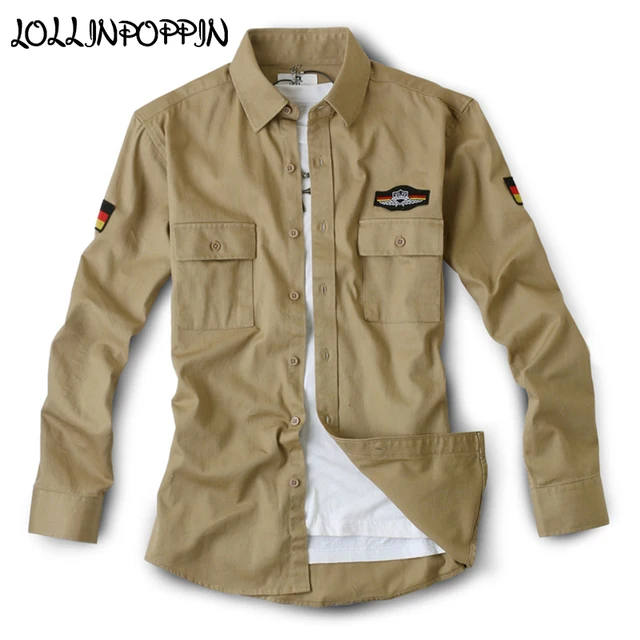 Mens Army Shirt Long Sleeve Military Style Khaki Shirt With Badges 100