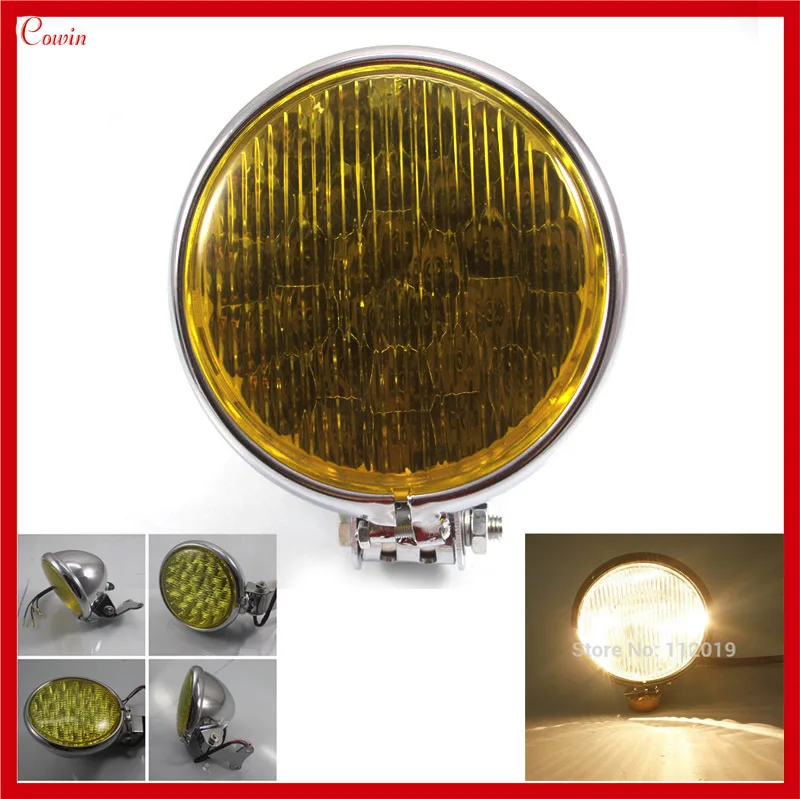 New Chrome Retro Amber Yellow Glass 12v Atv Motorcycle Led Headlight Front Light Lamp For Harley