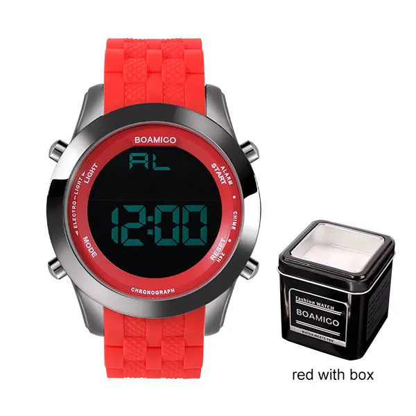 Мужские спортивные часы мужские цифровые часы белые резиновые наручные часы BOAMIGO модный бренд светодиодный дисплей красные водонепроницаемые часы 30 м - Цвет: red with box
