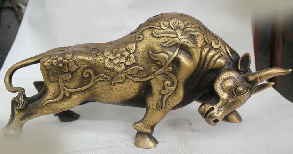 

DS 7" China Chinese Folk Fengshui Bronze Lucky Lifelike flower Ox cow Statue