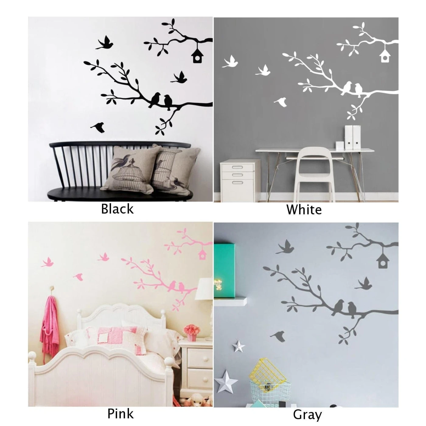 Birds On A Tree Branch Wall Stickers Furniture Refrigerator Wall Decor Graphic Decal Birds Patterns Vinyl Sticker Decoration