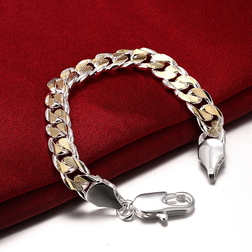 

GNIMEGIL Men's Jewelry 925 Stamped Silver Plated 10mm 21cm Gold Color Chain Bracelets Mix Color Bracelet Jewelry Accessories