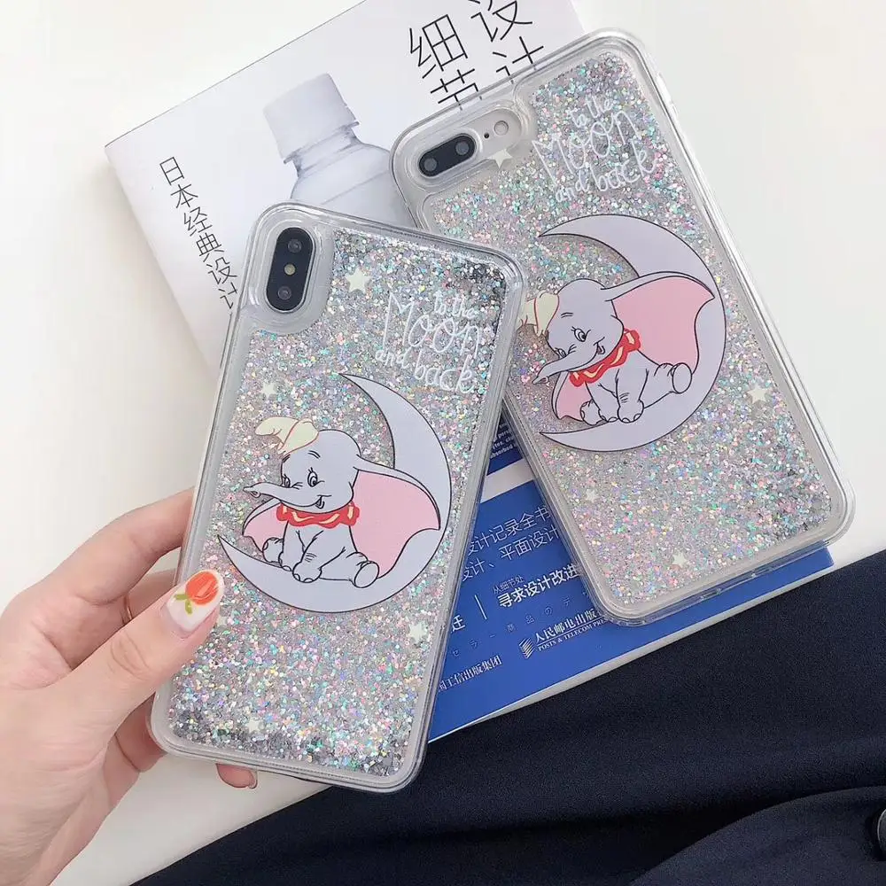 

Cute cartoon quicksand glitter moon Dumbo phone case For iphone Xs MAX XR X 6 6s 7 8 plus anime Disneys soft TPU back Cover Capa