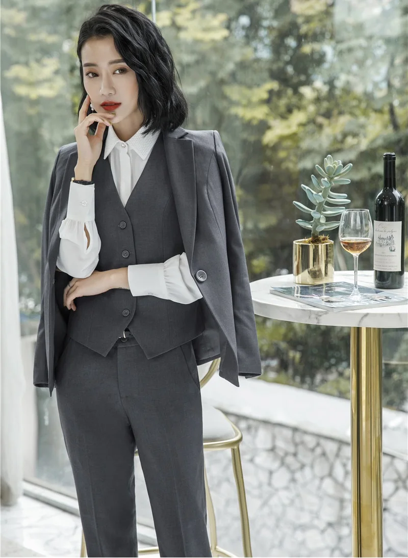 Formal 3 Pieces Set Jackets and Pants and Vest Coat & Waistcoat Fashion Grey Uniform Styles Women Business Work Wear Pants Suits