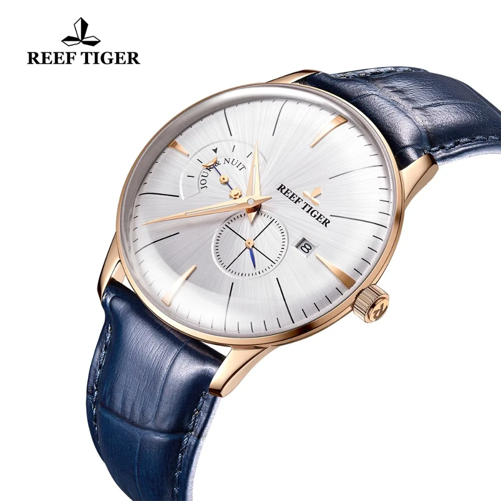 Reef Tiger/RT мужские дизайнерские часы Роскошные автоматические водонепроницаемые аналоговые часы с синим кожаным ремешком RGA8219