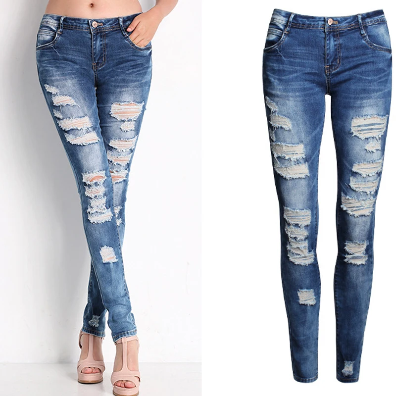Olrain Autumn Women High Waist Jeans Lady Sexy Hole Ripped Skinny Pencil Pants Denim Jeans