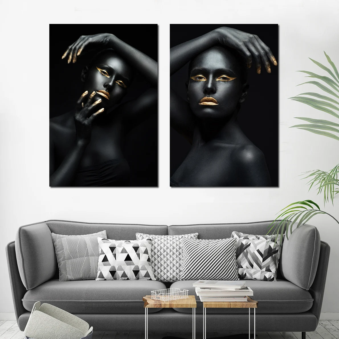 Золото Черная Девушка Wall Art Одноместный Отпечатки На Холсте Живопись с Рамкой Прокрутки Лучший!