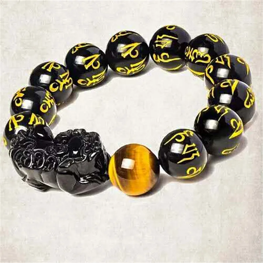 Precious Natural Black Obsidian Bracelet Woman Men Stretch Gold Six Word Pi Xiu Shape Power Round Bead 14mm 16m 18mm | Украшения и