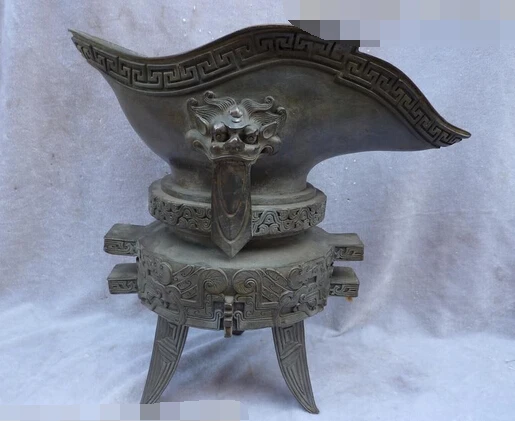 

006828 12"Chinese pure bronze dragon goblet statue