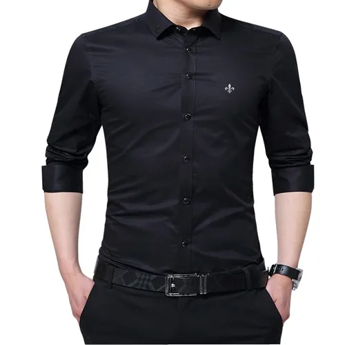 DUDALINA/мужская одежда с вышивкой, однотонная приталенная Мужская рубашка с длинными рукавами, повседневная мужская рубашка, 60% полиэстер, 40% хлопок - Цвет: E51708black