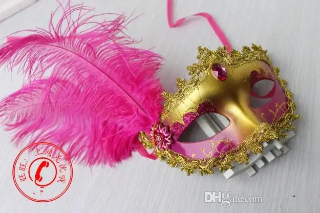 Для женщин девочек страуса маскарадные маски с перьями С кристалалми и стразами кружевная Венецианская маска на пол-лица пикантная Клубная танцевальная Карнавальная маска