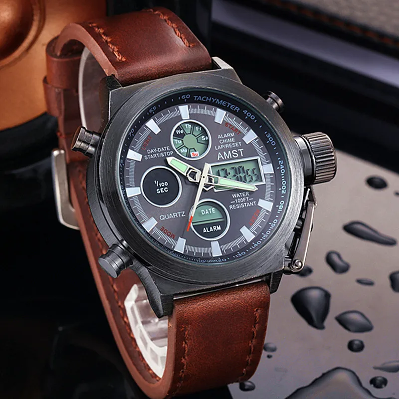 2018 New AMST Watches Men Luxury Brand 5ATM 50m Dive LED Digital Analog Quartz Watches Male Fashion Sport Military Wristwatches