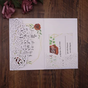 

10pcs/pack Wedding Invitation Cards Carved Rose Pattern Laser Cut Cards Shinny Pearl Paper Lace Wedding Invitations Party Cards