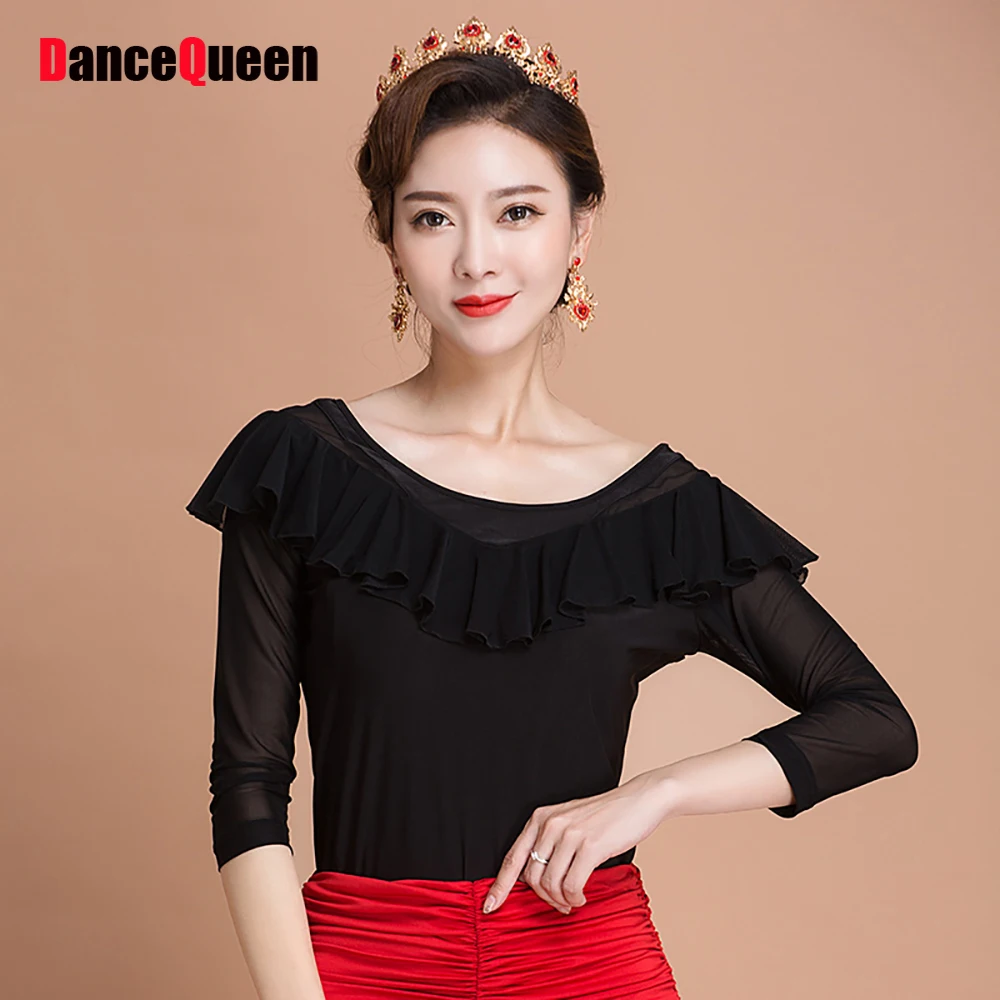 Classical Latin Dance Shirts For Ladies Black Colors Plus Sizes Silk Wears Woman Fitness Tango 