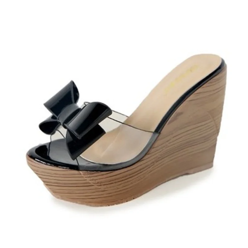 

Summer wedge with thick bottom bow beach sandals and slippers super high heel transparent sandals and slippers