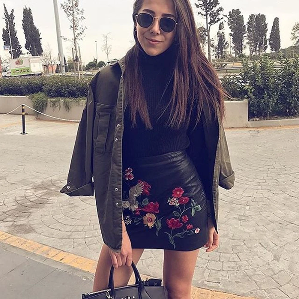 VESTLINDA Black Skirt Floral Embroidery Vintage PU Leather Pencil Skirt Women Slim High Waist Zipper Mini Ethic Plus Size Skirts 10
