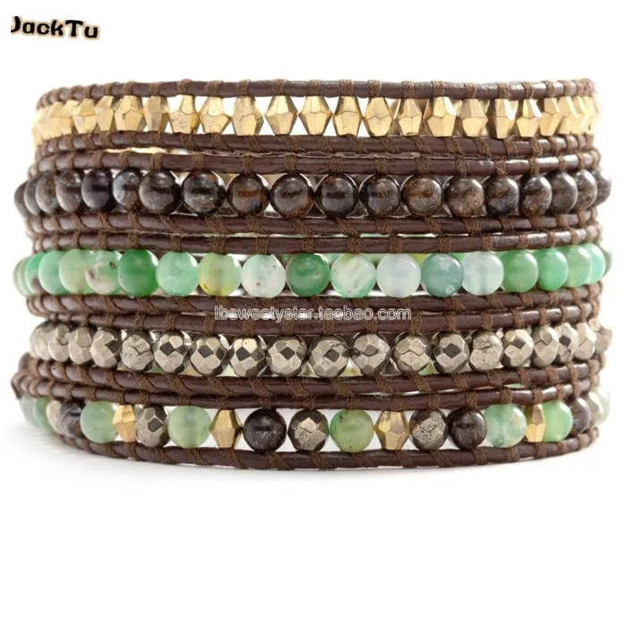 

JTJACKTU CHRYSOPRASE BEADED MIX WRAP BRACELET ON BROWN LEATHER