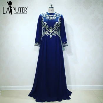 

Plus Size Navy Blue Chiffon Gold Embroidery Long Sleeves Muslim Mother of the Bride Dresses Arabic Vintage Women Gown Laiputer