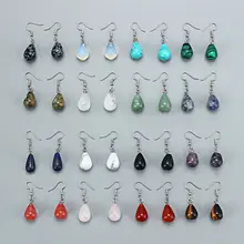 Water Drop Natural Stone Dangle Earring for Women Tiger Eye Clear Quartz Lapis Opal Obsidian Drop Cone Bead Hook Earrings pair of stylish faux gem bead water drop earrings for women
