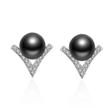

New Fashion 2 Colors Pearl Stud Earrings for Women Bijoux Femme White Gold Plated V Shape Cubic Zirconia Earring Kolczyki Gift