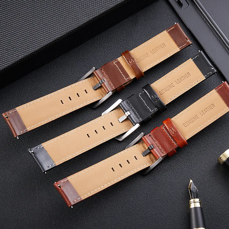 Quick Release Leather Watchband Black Brown Watch Band Wrist Strap 18mm 20mm Smart Watch Strap Accessories Replacement