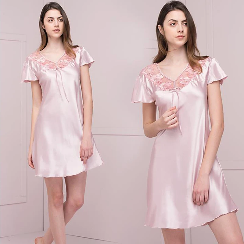 901 Nightgowns Sleepshirts Camisola de Seda Faux Seda 2017 Novas Senhoras Verão Feminino Salão Sono Mulher Lazer