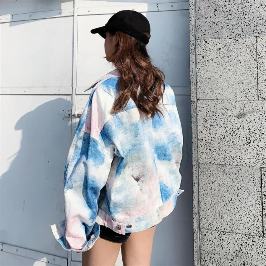 

2019 Spring Fashion Streetwear Tie-dyed Denim Jacket Women Stylish pink clouds print Jean Coat