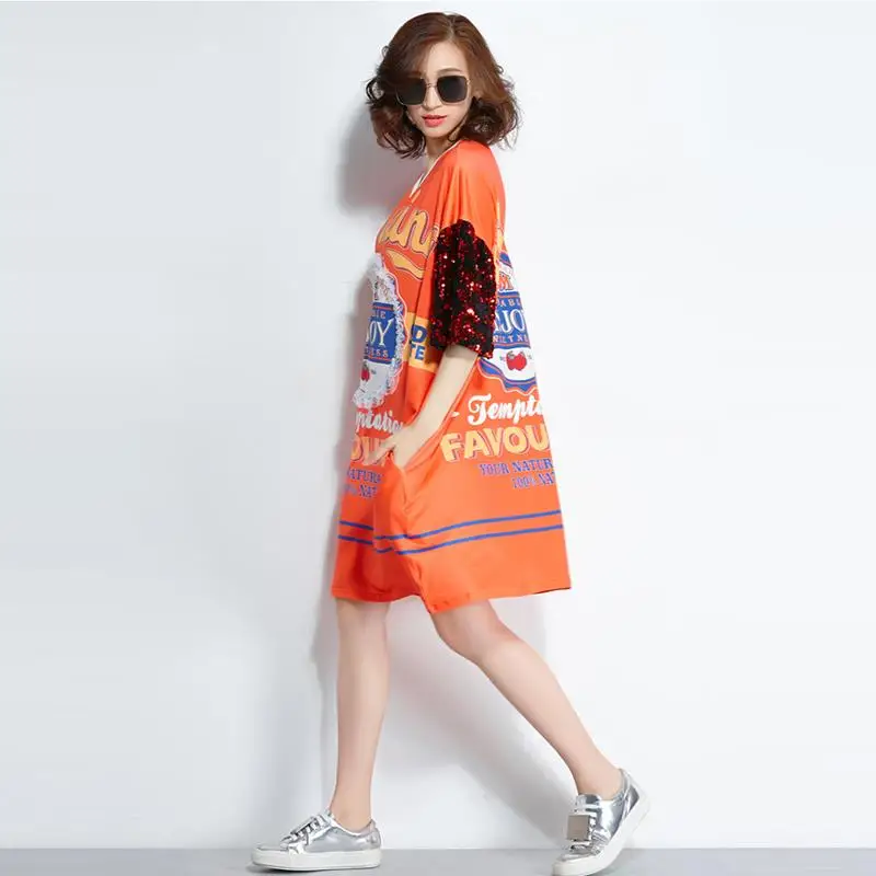Short Sleeve Women 100 KG Sport Dress 2019 New New Large Size Women's Dress Korean Printed Loose Short Sleeve shirt Dress (T3T)