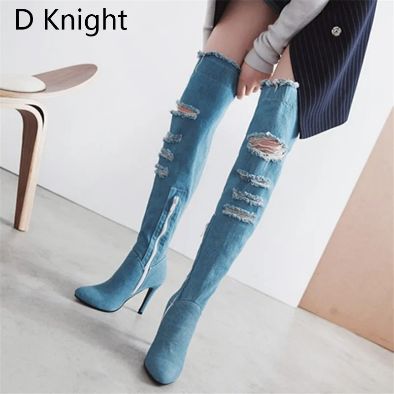 2018 Winter Boots Sexy Ponited Toe Women's Over The Knee Boots Fashion Denim Blue thigh High Boots Large Size 48 High Heels Boot (6)