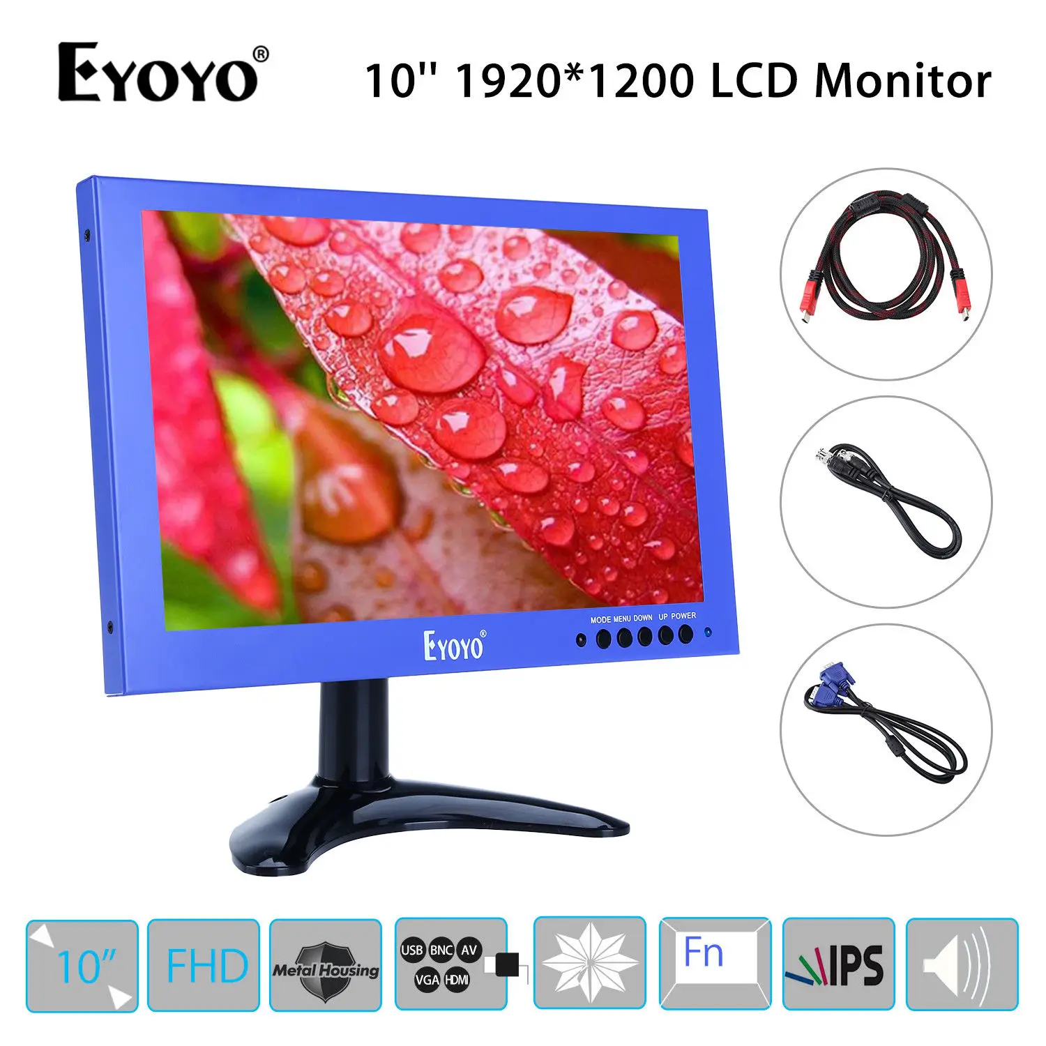 

EYOYO 1920*1200 10 inch LCD IPS Display VGA BNC USB Video Audio HDMl FHD Monitor Speaker Blue Mini for CCTV DVD PC Laptop
