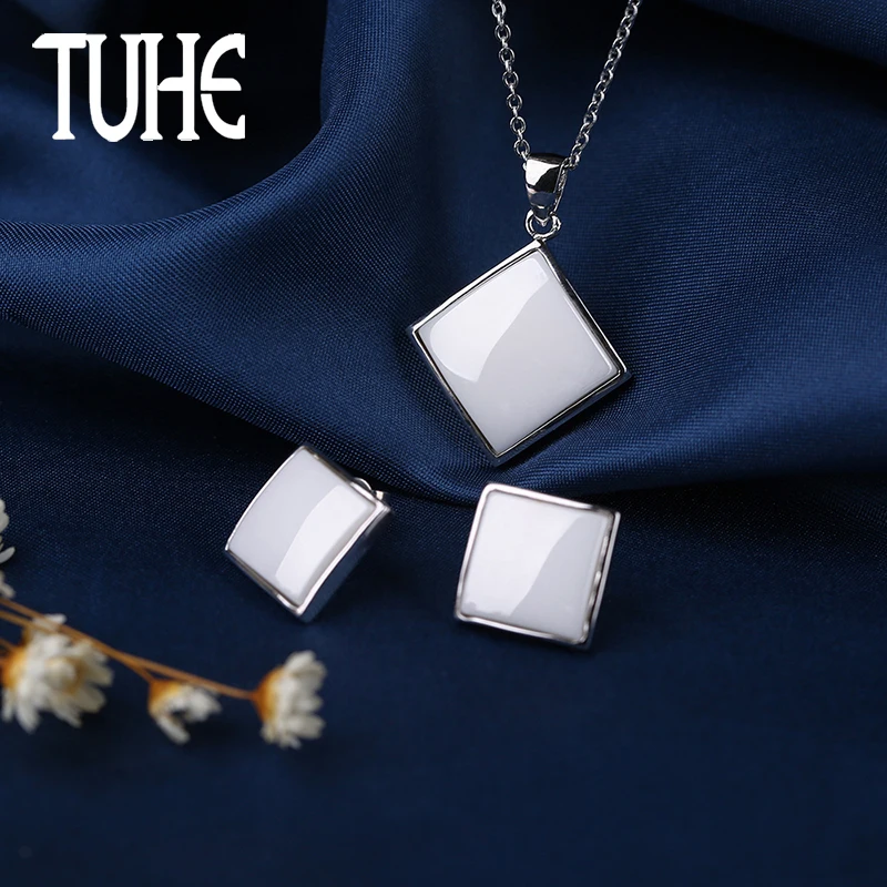 

Elegant Big Square Shaped Jewelry Set Top Quality Smooth Ceramic Classic Black White Earrings Necklace For Women Silver Metal