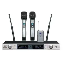 Бесплатная доставка! UHF Беспроводной микрофон Микрофон Системы двойной Каналы ЖК-дисплей Дисплей получатель 2 ручной Микрофоны кабель Адаптеры питания