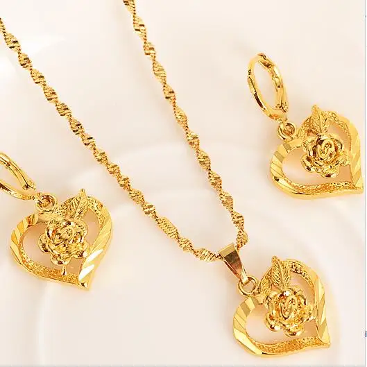 

Fashion 18 k Fine Real Yellow Gold GF Dubai Romantic Heart love rose Pendant Necklace Earrings Sets PNG Jewelry Sets for women