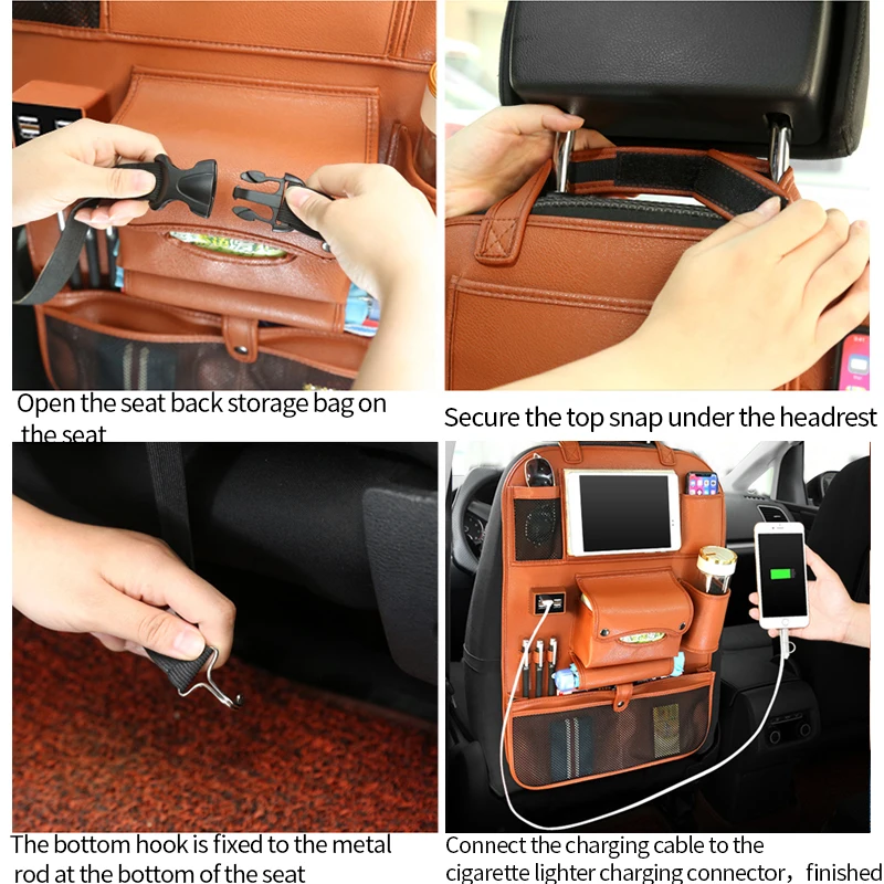 Автомобильный Органайзер, сумка для хранения на заднем сиденье, коробка для внутреннего заднего сиденья, 4 USB порта зарядки, настольный лоток, аксессуары