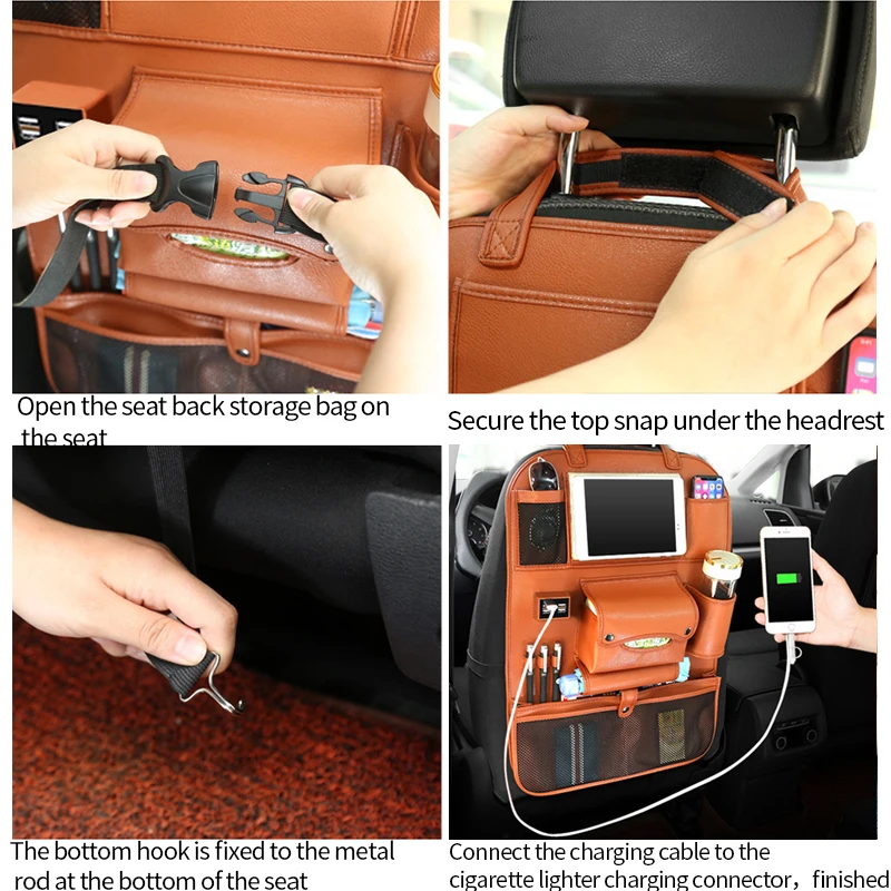 Backseat Bag 4 USB Car Organizer Charge Phone Stowing Tidying Storage Auto Accessories Back Seat Kid Table Drink Holder Travel
