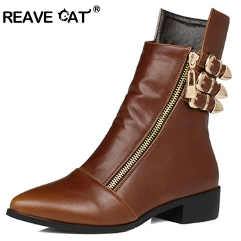 

REAVE CAT Autumn winter boots Plus size Ladies shoes Ankle boots Pointed toe Buckle Zip Fashion Sexy High quality Punk Cool