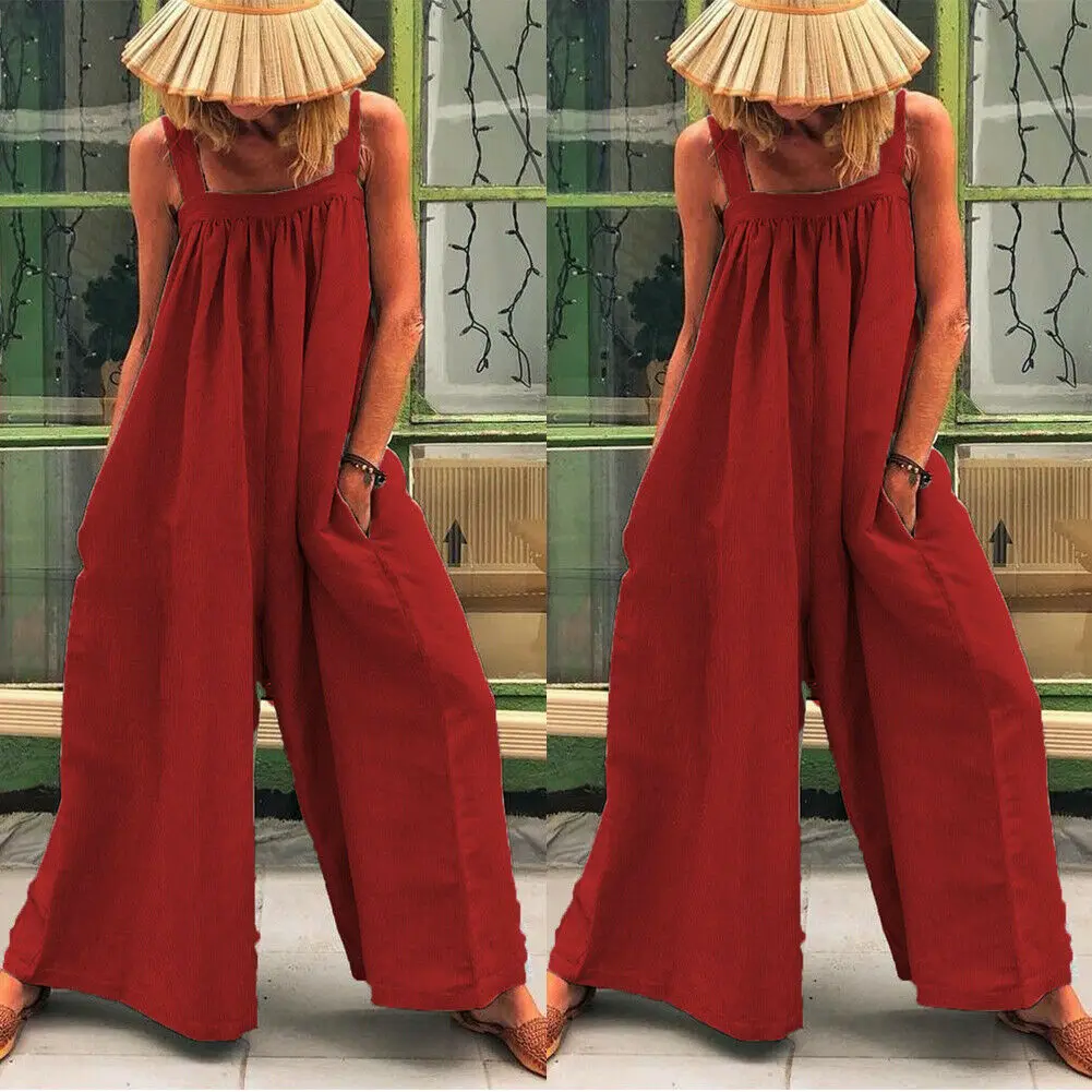 Women Loose Baggy Jumpsuit Dungarees Playsuit Romper Ladies Casual Wide Leg Trousers Summer Holiday Clothing - Color: Red