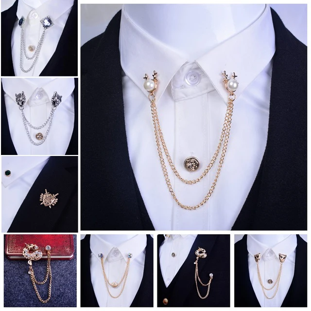 

Hot Best Suit Blouse Shirts Collar Clip Neck Tip Design For Men Brooch Pin Chain Punk
