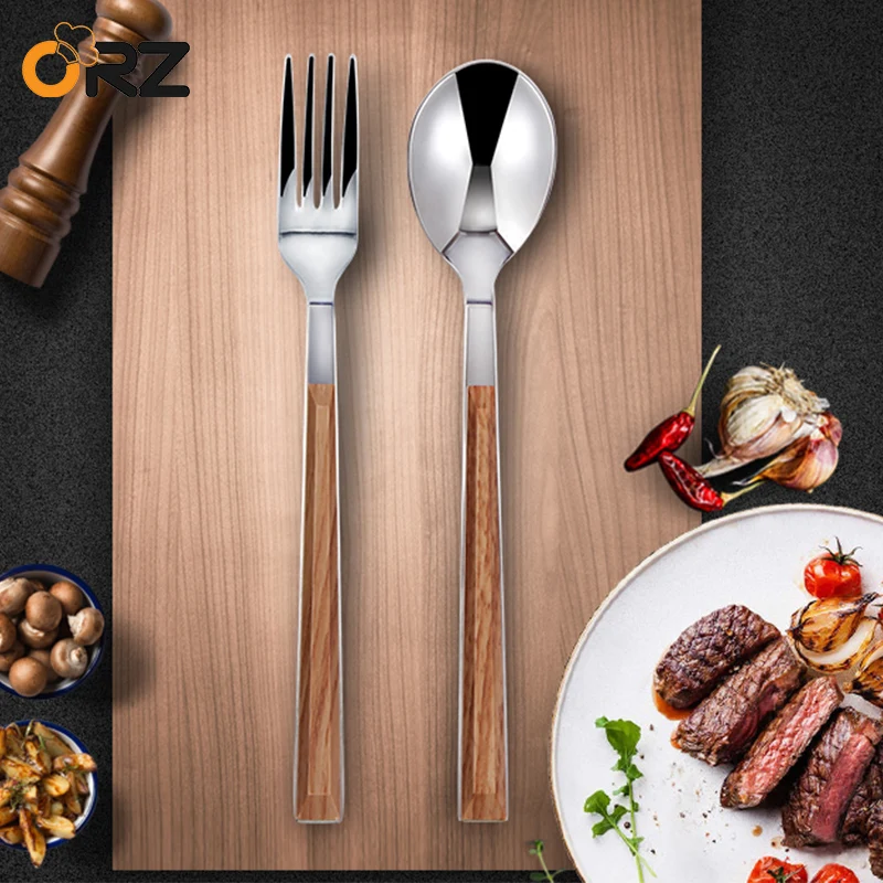 

Stainless Steel Spoons and Forks Imitation Wood Handle Vintage Flatware Cutlery Cake Fruit Food Picks Restaurant Serving